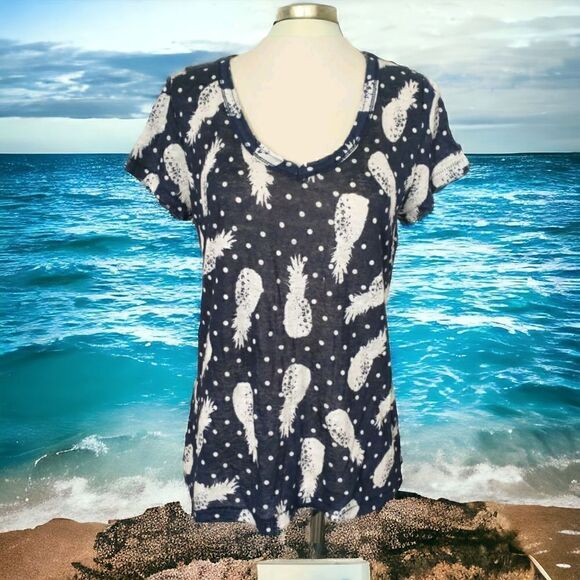 Linen Pineapple Top T Shirt Pullover Small Raw Neckline Navy Blue White Novelty. - Picture 14 of 14